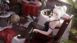 Rule 34 | 1girl, absurdres, alternate costume, animal ear fluff, animal ears, arknights, arm strap, armchair, artist name, black dress, black pantyhose, book, book stack, breasts, candlestand, cat ears, chair, closed mouth, cup, dress, from side, full body, globe, green eyes, highres, indoors, jewelry, kal&#039;tsit (arknights), ling dianxia, looking at viewer, looking to the side, medium breasts, no shoes, pantyhose, phonograph, plant, potted plant, ring, short hair, short ponytail, sitting, sleeveless, sleeveless dress, smile, solo, tablecloth, teacup, teapot, tray, vase, white hair