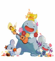 Rule 34 | :d, ^ ^, arc draws, closed eyes, comfey, commentary request, creatures (company), cutiefly, drum, facing viewer, flower, flower necklace, game freak, gen 2 pokemon, gen 3 pokemon, gen 7 pokemon, holding, holding instrument, instrument, jewelry, lei, mudkip, necklace, nintendo, no humans, open mouth, petals, pink flower, pokemon, pokemon (creature), quagsire, simple background, smile, white background, wooper