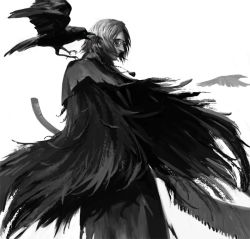 Rule 34 | 1boy, bird, bloodborne, blue eyes, cloak, closed mouth, coat, commentary, cowboy shot, crow, english commentary, flying, glasses, greyscale, holding, holding weapon, hunter (bloodborne), jewelry, long coat, looking away, male focus, monochrome, parted hair, pendant, profile, saw, saw cleaver, short hair, simple background, solo, standing, weapon, white-corner, white background