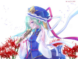 Rule 34 | 1girl, asymmetrical hair, black skirt, blouse, blue eyes, blue vest, breasts, buttons, commentary request, cowboy shot, flower, frilled hat, frills, green hair, hair between eyes, hand in own hair, hat, highres, long hair, long sleeves, open mouth, profile, red flower, ritsuka (rituka), rod of remorse, shiki eiki, shirt, skirt, small breasts, solo, spider lily, touhou, vest, white background, white shirt, wide sleeves