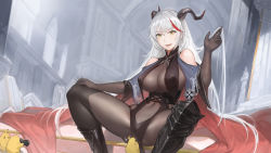 Rule 34 | 1girl, aegir (azur lane), ahoge, azur lane, bare shoulders, bodystocking, boots, breast curtains, breasts, cape, cleavage, commentary request, corset, covered erect nipples, covered navel, crossed legs, curvy, detached sleeves, dress, elbow gloves, gloves, halterneck, hand on own face, hand up, highres, horns, jewelry, large breasts, leaning back, long hair, looking at viewer, manjuu (azur lane), multicolored hair, navel, nero (nilu), pelvic curtain, red cape, red hair, sitting, skindentation, smile, solo, spread legs, streaked hair, very long hair, white hair, yellow eyes