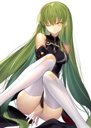 Rule 34 | 1girl, bare shoulders, c.c., closed mouth, code geass, commentary request, covering privates, covering crotch, detached sleeves, green hair, highres, knees together feet apart, long hair, mashima saki (mashimasa), no panties, one eye closed, simple background, sitting, solo, thighhighs, very long hair, white background, white thighhighs, yellow eyes