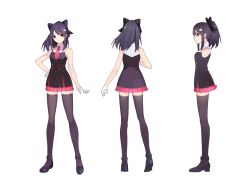 Rule 34 | 1girl, anklet, bare arms, bare shoulders, bcy, black bow, black footwear, black hair, black shirt, black thighhighs, bow, cat hair ornament, character sheet, closed mouth, collared shirt, full body, gloves, hair bow, hair ornament, hand on own hip, heel up, highres, jewelry, legs apart, looking at viewer, medium hair, miao jiujiu, miniskirt, multiple views, necktie, official art, pink necktie, pink skirt, pleated skirt, ponytail, red eyes, shirt, skirt, sleeveless, sleeveless shirt, smile, standing, thighhighs, turnaround, white background, white gloves, zettai ryouiki
