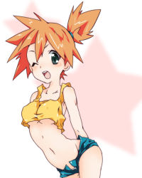 Rule 34 | 1girl, ;d, arms behind back, blush, breasts, covered erect nipples, creatures (company), crop top, game freak, green eyes, midriff, misty (pokemon), nakamura sandayo, nintendo, one eye closed, open mouth, orange hair, panties, pokemon, pokemon (anime), short hair, short shorts, shorts, side ponytail, simple background, smile, solo, standing, tank top, underboob, underwear, unzipped, white background, wink