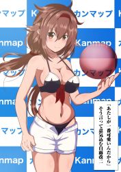 Rule 34 | 1girl, absurdres, adapted costume, ball, beachball, bikini, black bikini, breasts, brown eyes, brown hair, checkered background, cleavage, commentary request, cowboy shot, front-tie top, hair flaps, hairband, highres, kantai collection, long hair, looking at viewer, low ponytail, medium breasts, navel, open fly, red hairband, shiratsuyu (kancolle), shiratsuyu kai ni (kancolle), shorts, solo, standing, swimsuit, translation request, unakyu, white shorts