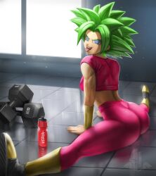 Rule 34 | 1girl, absurdres, arm support, ass, blue eyes, boots, character name, dragon ball, dragon ball super, earrings, elite nappa, from behind, green hair, gym, highres, jewelry, kefla (dragon ball), leggings, looking at viewer, midriff, on floor, open mouth, potara earrings, smile, split, spread legs, super saiyan, tank top, tongue, tongue out, weights