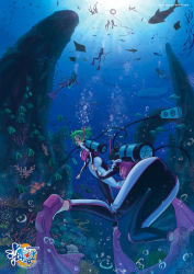 Rule 34 | air bubble, amanchu!, aqua hair, artist name, ass, blue theme, bodysuit, bubble, copyright name, coral, coral reef, diving, diving mask, diving suit, fish, flippers, from behind, from below, goggles, green hair, holding hands, kohinata hikari, logo, looking back, multiple girls, ocean, seafloor, ooki futaba, perspective, ponytail, school of fish, scuba, snorkel, swimming, underwater, wetsuit, whale, wolksheep