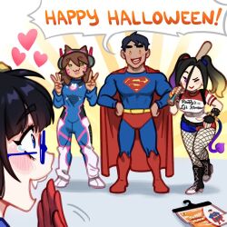 Rule 34 | 1boy, 3girls, :d, :p, ;), baseball bat, batman (series), black footwear, black gloves, black hair, blue-framed eyewear, blue bodysuit, blue shorts, blushyspicy, bodysuit, breasts, brown hair, cape, cosplay, d.va (overwatch), d.va (overwatch) (cosplay), dc comics, demon girl, demon tail, double v, english text, facial mark, fang, fingerless gloves, fishnet pantyhose, fishnets, full body, glasses, gloves, green eyes, hands on own hips, happy halloween, harley quinn, harley quinn (cosplay), headphones, heart, large breasts, long hair, long sleeves, looking at another, looking at viewer, medium breasts, multicolored hair, multiple girls, office workers (blushyspicy), one eye closed, open mouth, orange background, overwatch, pantyhose, pilot suit, pink hair, red cape, red footwear, red gloves, red shirt, red shorts, semi-rimless eyewear, shirt, short hair, short sleeves, shorts, smile, standing, superman, superman (cosplay), superman (series), tail, teeth, tongue, tongue out, two-tone shorts, upper teeth only, v, vivian seong (blushyspicy), whisker markings, white background, white shirt