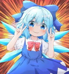 Rule 34 | 1girl, blue bow, blue dress, blue eyes, blue hair, blush, bow, bowtie, cirno, collared shirt, coruthi, double v, dress, hair bow, highres, ice, ice wings, looking at viewer, pinafore dress, red bow, red bowtie, shirt, short hair, sleeveless dress, smile, solo, touhou, v, white shirt, wings