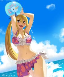 Rule 34 | 1girl, absurdres, artist name, bad anatomy, ball, beach, beachball, bikini, blonde hair, blue sky, breasts, cloud, day, fairy tail, gaston18, gluteal fold, highres, large breasts, legs, lucy heartfilia, outdoors, plue, ponytail, sand, sky, smile, solo, swimsuit, teeth, thighs, water, waves