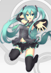 Rule 34 | aqua hair, bad id, bad pixiv id, blue eyes, detached sleeves, garuku, hatsune miku, headset, highres, kneeling, legs, long hair, necktie, open mouth, outstretched arm, outstretched hand, panties, pantyshot, reaching, skirt, solo, thighhighs, twintails, underwear, very long hair, vocaloid