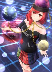 Rule 34 | &gt;:), 1girl, bad id, bad pixiv id, bare shoulders, black shirt, blush, breasts, chain, cleavage, clothes writing, collar, collarbone, dutch angle, earth (ornament), english text, hecatia lapislazuli, highres, long hair, looking at viewer, miniskirt, moon (ornament), multicolored clothes, multicolored skirt, off-shoulder shirt, off shoulder, red eyes, red hair, shirt, skirt, smile, solo, t-shirt, touhou, tsurime, ucukrtz, v-shaped eyebrows