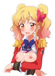 Rule 34 | 1girl, aikatsu! (series), aikatsu stars!, bad id, bad pixiv id, blue bow, blue bowtie, bow, bowtie, bra, bra lift, breasts, breasts out, collared jacket, collared shirt, cropped torso, crossed arms, cum, cum on body, cum on breasts, cum on hair, cum on upper body, embarrassed, epaulettes, facial, gold trim, gradient hair, hair bow, hetero, jacket, kumahubuki, long hair, long sleeves, looking at viewer, multicolored hair, nijino yume, nipples, open clothes, open jacket, open mouth, open shirt, orange eyes, pink bow, pink bra, pink hair, raised eyebrows, red jacket, s4 uniform, school emblem, school uniform, shiny skin, shirt, simple background, solo, star (symbol), striped, striped bow, tearing up, twintails, underwear, upper body, wavy hair, wavy mouth, white background, white shirt, yellow stripe