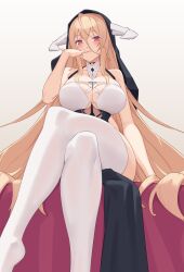 Rule 34 | 1girl, absurdres, azur lane, bare arms, bare shoulders, black dress, blonde hair, blush, breasts, cleavage, closed mouth, crossed legs, dress, fake horns, feet out of frame, finger to mouth, from below, habit, hair between eyes, hand to own mouth, hand up, highres, horns, implacable (azur lane), jilu, large breasts, legs, long hair, looking at viewer, nun, red eyes, simple background, sitting, sleeveless, smile, thighhighs, thighs, veil, very long hair, white background, white thighhighs