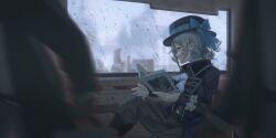 Rule 34 | 1girl, absurdres, ascot, black coat, black hat, black pants, blue bow, blurry, blurry foreground, boater hat, book, bow, coat, feet out of frame, grey hair, hair bun, hat, hat bow, highres, holding, holding book, indoors, motion blur, open book, overcast, pants, profile, reading, reverse:1999, short hair, single side bun, sitting, sky, solo, vertin (reverse:1999), water on glass, white ascot, window, zzzzzziyao