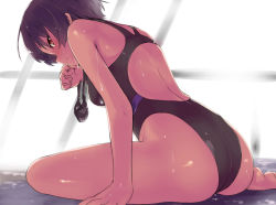 Rule 34 | 1girl, ass, back, breasts, brown eyes, brown hair, competition swimsuit, from behind, goggles, unworn goggles, medium breasts, one-piece swimsuit, original, sanbontai, short hair, sitting, solo, swimsuit, wet