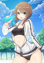 Rule 34 | 10s, 1girl, bad id, bad pixiv id, bikini, bikini under clothes, black hair, blue sky, blush, bottle, breasts, brown hair, cloud, covered erect nipples, day, forest, grey eyes, hayasui (kancolle), highres, holding, holding bottle, inu3, jacket, kantai collection, loafers, long sleeves, looking at viewer, nature, navel, open mouth, outdoors, round teeth, shoes, short hair, sky, smile, solo, sunlight, swimsuit, swimsuit under clothes, teeth, tongue, track jacket, tree, twitter username, unzipped, water bottle, wet, zipper