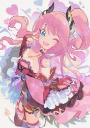Rule 34 | 1girl, ;d, blue eyes, boots, brown footwear, character request, copyright request, dress, from side, highres, horns, looking at viewer, one eye closed, open mouth, pink dress, pink hair, princess connect!, side ponytail, single horn, smile, solo, suzuna (princess connect!), thigh boots, thighhighs, v, v over eye, wavy hair, zuho (vega)