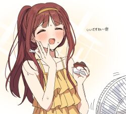 Rule 34 | 1girl, bare shoulders, blush, breasts, brown hair, camisole, collarbone, dot nose, electric fan, frilled camisole, frills, hairband, hands up, hano9789, happy, highres, holding, holding food, holding ice cream, holding spoon, ice cream, idolmaster, idolmaster million live!, idolmaster million live! theater days, long hair, medium breasts, open mouth, ponytail, simple background, smile, solo, sparkle, spoon, sweat, sweatdrop, tanaka kotoha, upper body, white background, yellow camisole