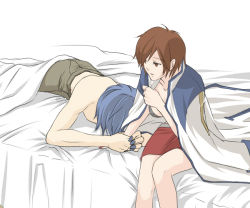 Rule 34 | 1boy, 1girl, bed, black bra, blue hair, blue nails, borrowed clothes, bra, breasts, brown eyes, brown hair, brown pants, commentary request, feet out of frame, hetero, holding hands, kaito (vocaloid), medium breasts, meiko (vocaloid), nail polish, on bed, open mouth, oversized clothes, pants, red skirt, sitting, skirt, tomo-graphy, topless male, under covers, underwear, vocaloid