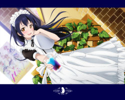 Rule 34 | 10s, 1girl, apron, blouse, blue hair, blush, bow, bowtie, brick, brick wall, collar, cup, dress, drink, dutch angle, finger to face, frills, glass, ice, idol, ivy, leaf, logo, long hair, love live!, love live! school idol festival, love live! school idol project, maid, maid apron, maid headdress, murota yuuhei, necktie, official art, official wallpaper, outstretched arm, plant, pocket, poster (medium), poster (object), ribbon, shirt, sidelocks, solo, sonoda umi, sunlight, teeth, tray, wallpaper, watermark, window, wood, yellow eyes