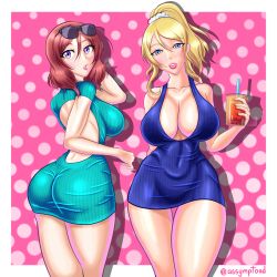 Rule 34 | 2girls, :o, absurdres, ass, ass focus, assymptoad, ayase eli, backless, backless dress, backless outfit, blonde hair, blue dress, blush, breasts, bubble tea, cleavage, collarbone, dress, drink, green dress, highres, large breasts, lipgloss, lipstick, looking at viewer, love live!, makeup, multiple girls, nishikino maki, open mouth, ponytail, purple eyes, red hair, short dress, short hair, sunglasses, thigh gap, tight clothes, tight dress, wide hips