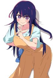 Rule 34 | 1girl, blue shirt, blush, closed mouth, collarbone, commentary, hair between eyes, highres, hoshino ai (oshi no ko), index finger raised, leaning forward, long hair, looking at viewer, orange overalls, oshi no ko, overalls, purple eyes, purple hair, shadow, shirt, short sleeves, sidelocks, simple background, smile, solo, star-shaped pupils, star (symbol), symbol-shaped pupils, uriumi sub, white background