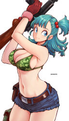 Rule 34 | 1girl, aosora2823, arms up, belt, bikini, bikini top only, blue eyes, blue hair, blue shorts, breasts, brown belt, bulma, closed mouth, denim, denim shorts, dragon ball, dragon ball (classic), gloves, green bikini, gun, hair bobbles, hair ornament, highres, holding, holding gun, holding weapon, large breasts, navel, one side up, pouch, red gloves, short shorts, shorts, simple background, smile, solo, stomach, swimsuit, weapon, white background