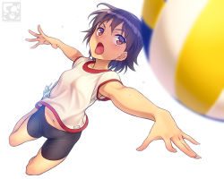 Rule 34 | 1girl, armpit peek, artist logo, artist name, bad id, bad pixiv id, ball, bike shorts, black hair, black shorts, blurry, blurry foreground, blush, breasts, brown eyes, clothes writing, commentary request, depth of field, dress, full body, girls und panzer, gym shirt, isobe noriko, midair, navel, open mouth, outstretched arm, pairan, playing sports, shirt, short hair, short sleeves, shorts, simple background, small breasts, solo, v-shaped eyebrows, volleyball, volleyball (object), white background