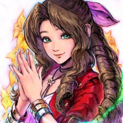 Rule 34 | 1girl, absurdres, aerith gainsborough, bracelet, brown hair, closed mouth, commentary, drill hair, english commentary, eyelashes, final fantasy, final fantasy vii, green eyes, hair intakes, highres, jewelry, long hair, looking at viewer, necklace, own hands together, pink lips, smile, solo, upper body, white background, xriviia