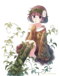 Rule 34 | 1girl, bad id, bad pixiv id, blush, brown hair, dress, finger to mouth, flower, glasses, hair flower, hair ornament, head wreath, leaf, looking at viewer, off shoulder, open mouth, original, plant, purple eyes, sitting, solo, tears, transformation, vines, watermark, yakka