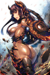 Rule 34 | 10s, 1girl, 2016, armor, armored boots, ass, black hair, blunt bangs, bodysuit, boots, breasts, censored, cowboy shot, dated, debris, dragon print, dust, ecell, glowing, glowing sword, glowing weapon, gluteal fold, gorget, hair over breasts, headgear, hime cut, holding, holding sword, holding weapon, huge ass, large breasts, light particles, long hair, looking at viewer, looking back, mabinogi, mabinogi heroes, motion blur, narrow waist, open mouth, profile, red eyes, shiny clothes, sideboob, solo, sword, thick thighs, thigh boots, thighhighs, thighs, underbust, weapon, wide hips