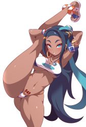 Rule 34 | 1girl, alternate breast size, armband, armlet, armpits, arms up, bare legs, blue background, blue hair, breasts, commentary request, cowboy shot, creatures (company), crop top, dark-skinned female, dark skin, eyeshadow, game freak, gluteal fold, gym leader, highres, jewelry, konno tohiro, leg lift, long hair, looking at viewer, makeup, medium breasts, multicolored hair, navel, necklace, nessa (pokemon), nintendo, number tattoo, panties, parted lips, pokemon, pokemon swsh, pubic tattoo, sandals, sidelocks, simple background, solo, string panties, tattoo, thighs, two-tone hair, underboob, underwear, wristband