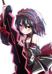 Rule 34 | 1girl, alice (mary skelter), bare shoulders, black hair, choker, gloves, hair ornament, hairband, hairclip, heterochromia, looking at viewer, mary skelter, mizunashi (second run), pink eyes, short hair, solo, sword, weapon, yellow eyes