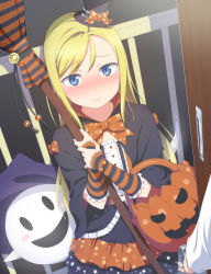 Rule 34 | 1girl, blonde hair, blue eyes, blush, bow, broom, closed mouth, door, dress, dutch angle, eyebrows, frills, ghost, halloween, hat, hat bow, highres, holding, holding broom, jack-o&#039;-lantern, long hair, mini hat, mini top hat, nose blush, open door, orange bow, original, pov, pov hands, print bow, railing, ribbon, smile, solid oval eyes, solo focus, star (symbol), star print, top hat, uma (uma1111), witch, witch hat
