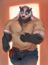 Rule 34 | 1boy, artist logo, badger boy, badger ears, bara, belt, bulge, claws, closed eyes, commentary, echo project, english commentary, furry, furry male, gamubear, hand on own stomach, highres, male focus, muscular, muscular male, nikolai krol (the smoke room), smile, the smoke room