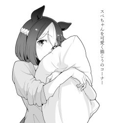 Rule 34 | 1girl, animal ears, braid, commentary request, french braid, geriyarou, greyscale, horse ears, horse girl, hugging object, monochrome, pajamas, pillow, pillow hug, simple background, solo, special week (umamusume), translation request, umamusume, upper body