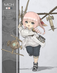 Rule 34 | 1girl, absurdres, black sweater, blue eyes, braid, braided ponytail, denim, denim shorts, drill hair, drone, english text, eyebrows hidden by hair, final fantasy, final fantasy xiv, flat chest, full body, gun, hair between eyes, highres, holding, holding gun, holding weapon, hood, hoodie, lalafell, machinist (final fantasy), multiple views, open mouth, pink hair, pointy ears, puluie, shoes, shorts, simple background, smile, sneakers, standing, standing on one leg, sweater, teeth, twin drills, upper teeth only, walking, warrior of light (ff14), weapon, white hoodie