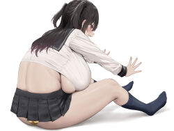 Rule 34 | 1girl, ass, black skirt, black socks, blush, breasts, breasts on lap, commentary request, from behind, full body, glance, huge breasts, kneehighs, legs, long hair, long sleeves, looking at viewer, looking back, miniskirt, no shoes, oekakizuki, open mouth, original, panties, pleated skirt, purple eyes, shirt, simple background, sitting, skindentation, skirt, smile, socks, solo, thighs, toes, two side up, underboob, underwear, white background, white shirt, yellow panties