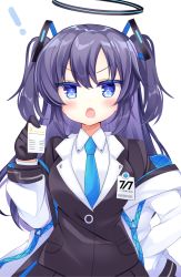 Rule 34 | !, 1girl, black gloves, black jacket, blue archive, blue eyes, blue necktie, blush, breasts, collared shirt, commentary request, gloves, hair between eyes, hair ornament, halo, hand on own hip, hand up, highres, holding, id card, jacket, long hair, long sleeves, looking at viewer, mechanical halo, medium breasts, necktie, off shoulder, open clothes, open jacket, open mouth, purple hair, school uniform, shikito (yawa0w0), shirt, simple background, solo, two side up, v-shaped eyebrows, very long hair, white background, white jacket, white shirt, yen sign, yuuka (blue archive)