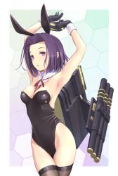 Rule 34 | 10s, 1girl, animal ears, armpits, arms up, bare shoulders, breasts, cleavage, detached collar, fake animal ears, gloves, halo, highres, hip focus, kantai collection, leotard, mechanical halo, personification, playboy bunny, purple eyes, purple hair, rabbit ears, ribbon, short hair, solo, tatsuta (kancolle), thighhighs, wa (genryusui), wrist cuffs