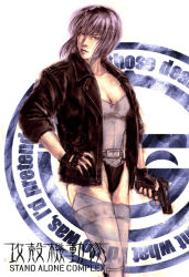 Rule 34 | 00s, 1girl, belt, breasts, cleavage, female focus, fingerless gloves, ghost in the shell, ghost in the shell stand alone complex, gloves, gun, hand on own hip, hip focus, jacket, kusanagi motoko, leotard, logo, purple hair, red eyes, short hair, solo, thighhighs, weapon