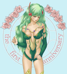 Rule 34 | 1girl, bare shoulders, blue background, breasts, breasts apart, circle, closed eyes, clothing cutout, collarbone, commentary request, cowboy shot, earrings, english text, facing viewer, final fantasy, final fantasy iv, final fantasy iv: the after years, flower, green hair, green leotard, groin, hair ornament, jewelry, leotard, long hair, nairu, open mouth, revealing clothes, rose, rydia (ff4), side cutout, small breasts, solo, standing, wavy hair
