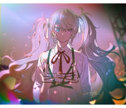 Rule 34 | 1girl, 25-ji miku, aqua eyes, arms up, backlighting, bad id, bad pixiv id, blurry, blurry foreground, cat&#039;s cradle, dated, expressionless, hair ribbon, hatsune miku, haun, heterochromia, letterboxed, long hair, long sleeves, looking at viewer, project sekai, purple eyes, purple theme, ribbon, shirt, solo, string, suspenders, twilight, twintails, upper body, vocaloid, white hair, white ribbon, white shirt