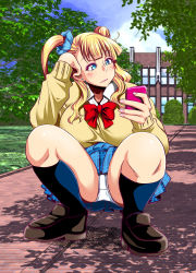 Rule 34 | 1girl, absurdres, asymmetrical bangs, asymmetrical hair, blazer, blonde hair, blouse, blue eyes, blue skirt, blunt bangs, blush, bored, bow, bowtie, breasts, cardigan, cellphone, clothes lift, collared shirt, colored eyelashes, earrings, eyebrows, feet, full-face blush, galko, grass, hair bun, hair ornament, highres, holding, huge breasts, itachou, jacket, jewelry, legs, long hair, long sleeves, looking away, makeup, nail polish, one side up, oshiete! galko-chan, outdoors, panties, pantyshot, phone, pink nails, plaid, plaid skirt, red bow, red bowtie, school, school uniform, shadow, shirt, shoes, side bun, side ponytail, single hair bun, skirt, skirt lift, sky, socks, solo, squatting, thighs, tree, underwear, wavy hair, white panties, yellow cardigan