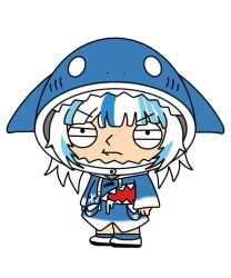 Rule 34 | 1girl, animal costume, animal hood, blue hair, blue hoodie, closed mouth, codesaburo, frown, full body, gawr gura, gawr gura (1st costume), hololive, hololive english, hood, hood up, hoodie, multicolored hair, seth macfarlane (style), shark costume, shark girl, shark hood, solo, standing, streaked hair, transparent background, virtual youtuber, white hair