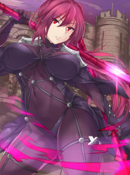 Rule 34 | 1girl, armor, bodysuit, breasts, covered navel, dual wielding, fate/grand order, fate (series), gae bolg (fate), highres, holding, holding weapon, kd, large breasts, long hair, looking at viewer, parted lips, pauldrons, polearm, purple bodysuit, purple hair, red eyes, scathach (fate), scathach (fate), shoulder armor, solo, spear, weapon