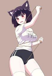Rule 34 | 1girl, alternate costume, animal ears, azur lane, between legs, black buruma, black hair, blunt bangs, blush, breasts, buruma, cameltoe, cat ears, clothes writing, fang, gym uniform, highres, jump rope, kanabuso, large breasts, looking back, open mouth, red eyes, shirt, short hair, simple background, solo, sweatdrop, taut clothes, taut shirt, thighhighs, white shirt, white thighhighs, yamashiro (azur lane), you&#039;re doing it wrong