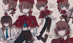 Rule 34 | 1boy, :o, artist name, beret, blood, blood on clothes, blue eyes, blue necktie, boots, bow, breast pocket, brown hair, capelet, censored, clenched teeth, closed mouth, collared shirt, easel, edgar valden, from side, grey background, hair bow, hair down, hat, holding, holding paintbrush, identity v, long sleeves, looking at viewer, low ponytail, male focus, mosaic censoring, multiple views, necktie, no headwear, one eye closed, open mouth, paint, paint splatter, paintbrush, painting (action), palette (object), pocket, ponytail, red bow, red capelet, red headwear, scared, self-harm, shaded face, shirt, single drill, sitting, sleeve rolled up, smirk, speech bubble, stool, suspenders, symbol-shaped pupils, teeth, tendenbarabara, trembling, twitter username, white shirt, wide-eyed, wrist cutting, x-shaped pupils