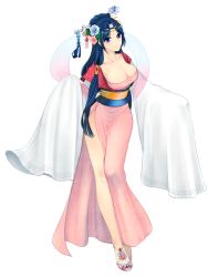 Rule 34 | 1girl, blue eyes, blue hair, breasts, chinese clothes, cleavage, female focus, flower, full body, hagoromo, hair flower, hair ornament, hanfu, headdress, highres, keomi syeon, large breasts, long hair, magi the labyrinth of magic, matching hair/eyes, ren hakuei, robe, shawl, smile, solo, transparent background, very long hair